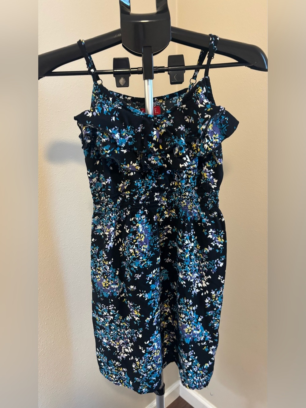 ELLE Floral Ruffle Camisole Mini Dress Smocked Waist XS Blue Black